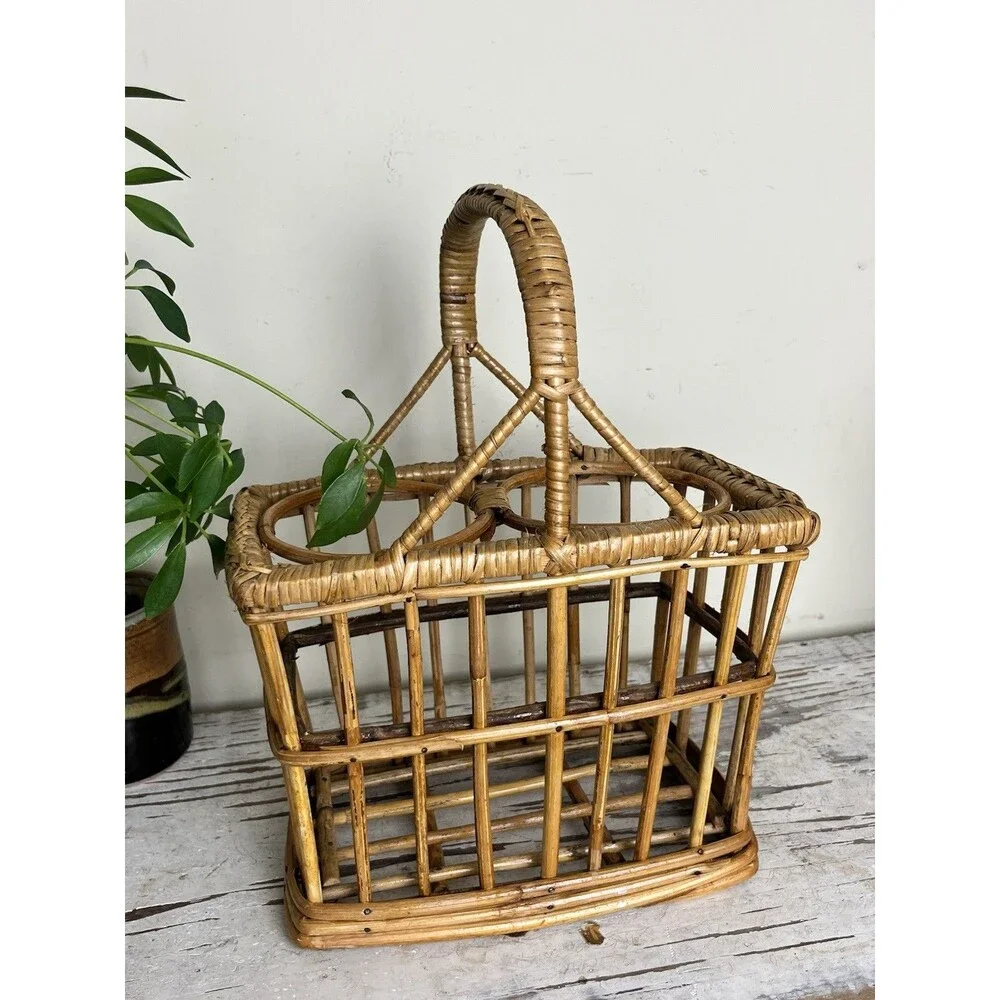 Vintage Bamboo Wicker 2 Bottle Wine Carrier Picnic Caddy Boho Barware Basket